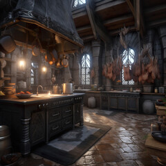 modern kitchen with medieval theme