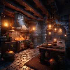 modern kitchen with medieval theme