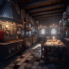 modern kitchen with medieval theme