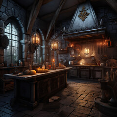 modern kitchen with medieval theme