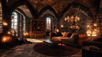 modern living room with medieval theme
