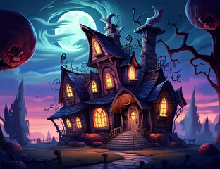 Fototapeta na wymiar Haunted House, Halloween Background, Halloween Resources. Wall Art, Spooky, Creepy, Colorful, Cartoonish, Jack o Lantern. Generative AI
