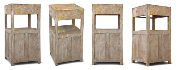 set of old and weathered bedside cupboard isolated, interior wooden cabinet or furniture with faded...