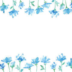 水彩画。水彩タッチの青い花ベクターイラスト。夏の涼しげな青い花背景。Watercolor painting. Blue flowers vector illustration with watercolor touch. Cool summer blue flowers background.