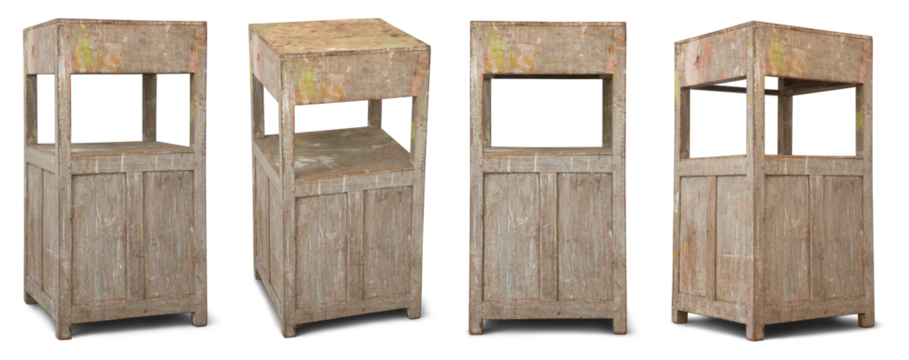 set of old and weathered bedside cupboard isolated, interior wooden cabinet or furniture with faded painted surface, mockup template taken in different angles