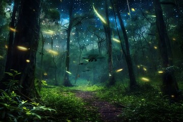 Fireflies light in the forest