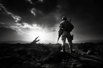 black and white photo of a commando in a quiet place - Generative AI