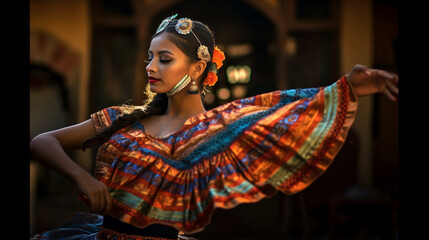 LATIN MEXICAN FOLKLORE, TRADITIONAL, COLORFUL, CULTURAL, REGIONAL DANCER. ai generative
