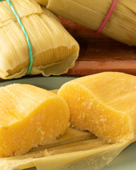 Pieces of delicious Brazilian pamonha. Selective focus.