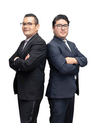 two young businessmen posing back to back, looking at the camera on a white background