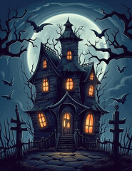 Fototapeta na wymiar Haunted House, Halloween Background, Halloween Resources. Wall Art, Spooky, Creepy, Colorful, Cartoonish, Jack o Lantern. Generative AI