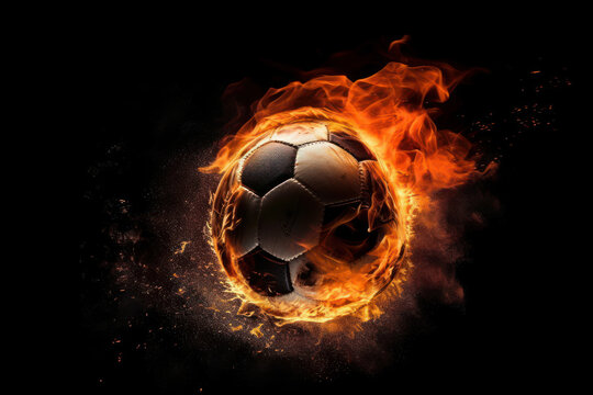 A fiery soccer ball against a dark background is a great way to add some excitement to any design. AI generative.