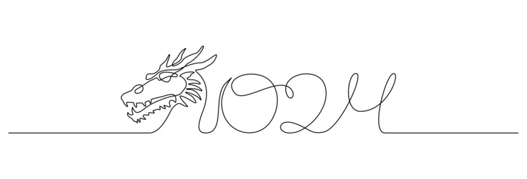 Dragon head in one continuous line drawing. Magical fictional creature for Chinese traditional symbol 2024 new year in simple linear style. Editable stroke. Doodle outline vector illustration
