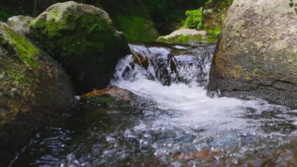 slow motion of crystal clear water of mountain stream, river rapids with flowing water, peaceful scenic creek in forest