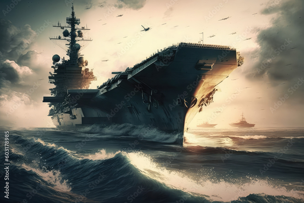 Wall mural military aircraft carrier ship sailing on sea, generative ai - Wall murals