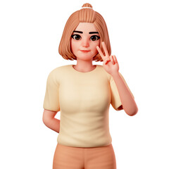 Casual Girl Showing Peace Gesture using Right Hand, 3D Character Render Illustration