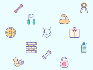 Vector illustration of a cute muscle. Collection of fitness, flexing, working out, gym, dumbbell, weight, scale, ball, healthy, measure and other elements. Isolated on blue