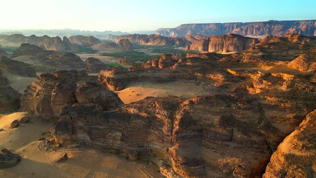 Drone shot beautiful desert landscape in Saudi Arabia at sunset