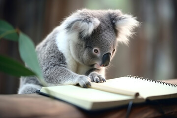 cute koala is learning to write