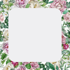 Square frame with seamless floral pattern with pink,white peonies, leaves on white background, Botanical watercolor frame with floral background.Templates for postcard, invitations,check list