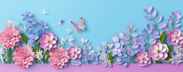 Fototapeta na wymiar Spring into Savings: Web Banner with Paper Cut Flowers, generative AI