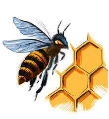 Flying bee and honeycombs. Hand drawn ink on paper and hand colored on tablet