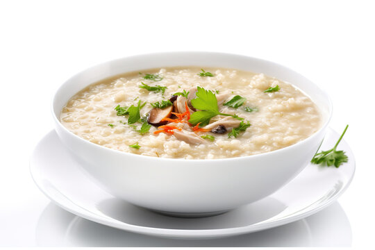 Chicken and rice soup, isolated on white background, Generative Ai