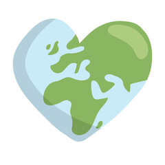 Heart shaped planet earth icon. Save the world. Eco friendly environmental message. Love. Map centered in Africa and Europe.