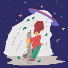 memphis style drawing an abstract woman is abducted by a ufo but she is holding on to a tree vector color flat illustration