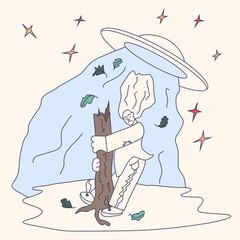 memphis style drawing an abstract woman is abducted by a ufo but she holds on to a tree vector contour illustration