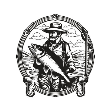recommend clip art: fishing, vintage logo line art concept black and white color, hand drawn illustration
