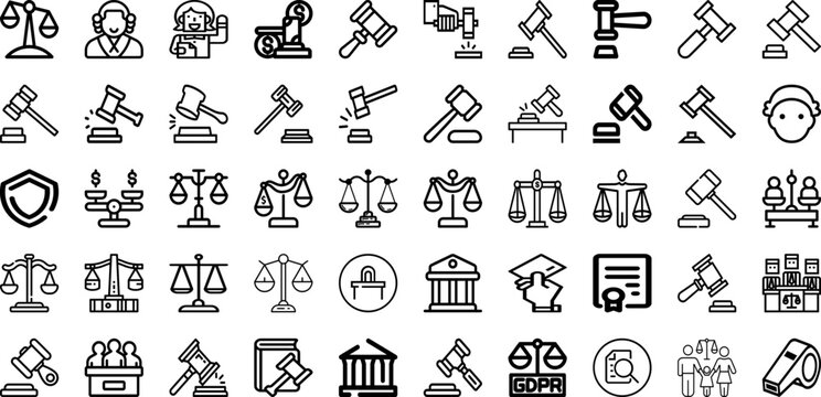 Set Of Judge Icons Collection Isolated Silhouette Solid Icons Including Justice, Punishment, Legal, Court, Judge, Judgment, Law Infographic Elements Logo Vector Illustration