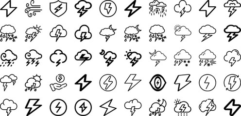 Set Of Thunder Icons Collection Isolated Silhouette Solid Icons Including Thunderbolt, Electricity, Power, Lightning, Thunder, Light, Energy Infographic Elements Logo Vector Illustration