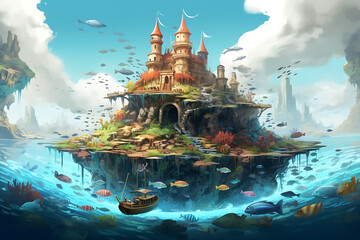 Obraz premium A fantasy island with crystal clear water, temple