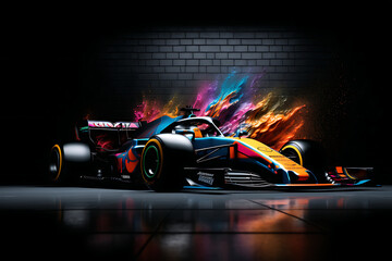 A poster of a sportscar with a black background of paint splash.