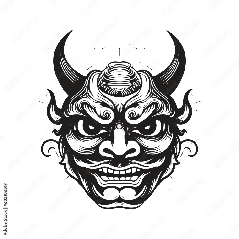 Wall mural hannya japanese theater mask, vintage logo line art concept black and white color, hand drawn illustration - Wall murals