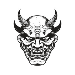 hannya japanese theater mask, vintage logo line art concept black and white color, hand drawn illustration