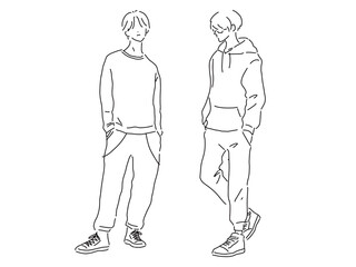 かっこいい男性２人のシンプルな線画／手描きイラスト素材