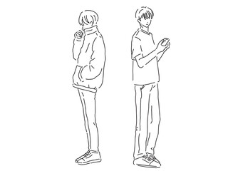 かっこいい男性２人のシンプルな線画／手描きイラスト素材