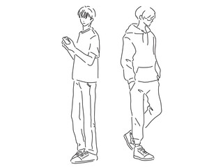 かっこいい男性２人のシンプルな線画／手描きイラスト素材