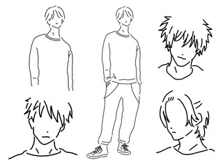 かっこいい男性のシンプルな線画／手描きイラスト素材セット