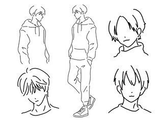 かっこいい男性のシンプルな線画／手描きイラスト素材セット