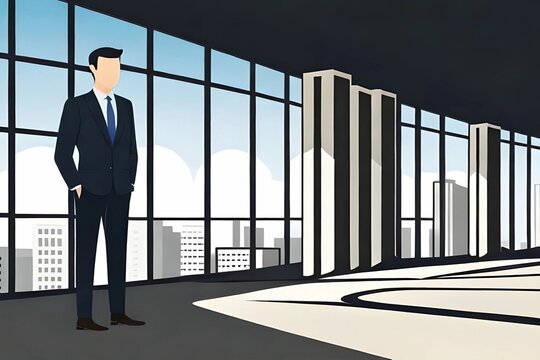 Businessman standing in a new, empty, and unfurnished office space. A conceptual flat cartoon illustration symbolizing new beginnings and opportunities.
