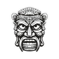 hawaiian tiki wooden head, vintage logo line art concept black and white color, hand drawn illustration