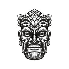 hawaiian tiki wooden head, vintage logo line art concept black and white color, hand drawn illustration