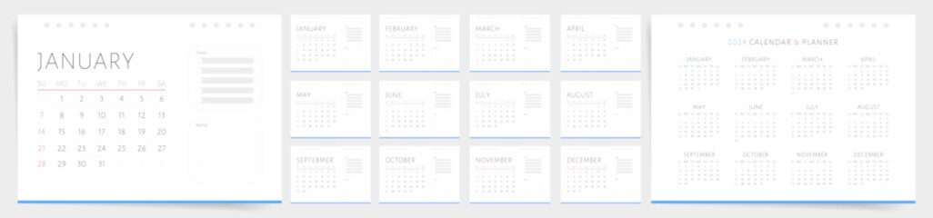 2024 Calendar Design Template. Week starts on Sunday. Desk planner with todo list, tasks, notes and monthly calendar pages for 2024 year.