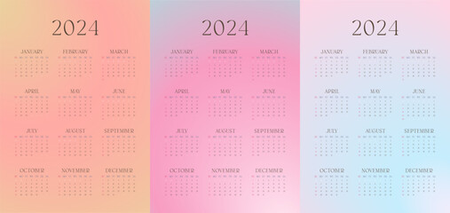 Aesthetic One Page 2024 Calendars Set. Wall Design with Annual Templates. Sunday Start.