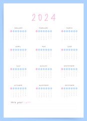 2024 Calendar. One Page Design with Clean Layout, Sunday Week Start.
