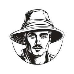 man wearing bucket hat, vintage logo line art concept black and white color, hand drawn illustration