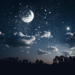 Naklejka na ściany i meble A night sky with stars and clouds and a full moon Generative Ai